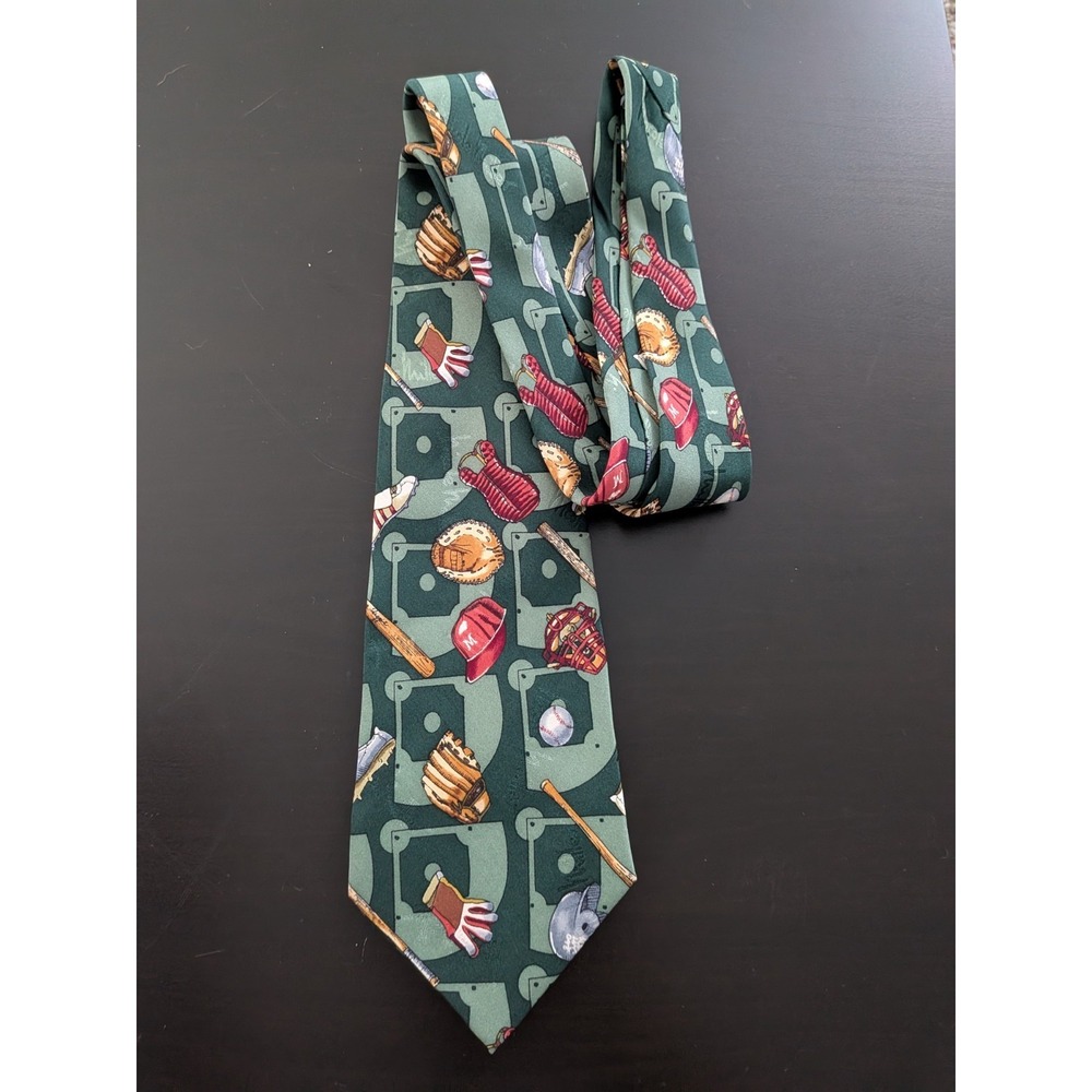 Nicole Miller Tie Silk‎ Korea Made Baseball Design All Over Green 54"